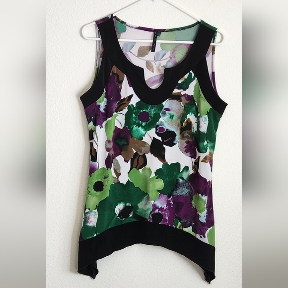 Women's Floral Summer Tank By LOVE Purple Green & Black Pullover Imported Sz L - Picture 1 of 7
